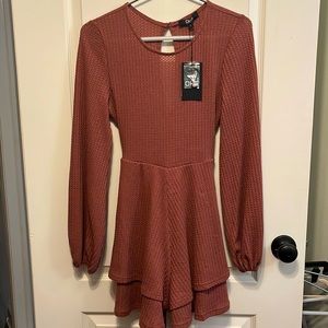 OHS romper in waffle knit, color is Marsala- brownish rose color